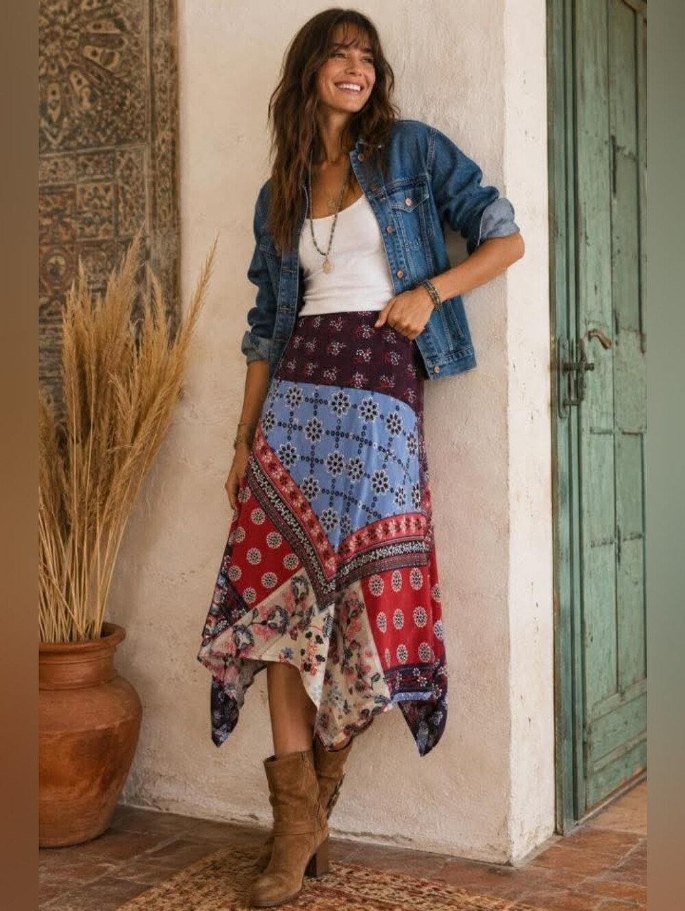 DESIGUAL Boho Patchwork Festival Midi Skirt Large EUC